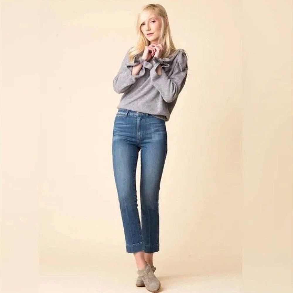 AMO Audrey Eclipse High Rise Straight Leg Cropped Jeans Front Seam Stretch Sz 28